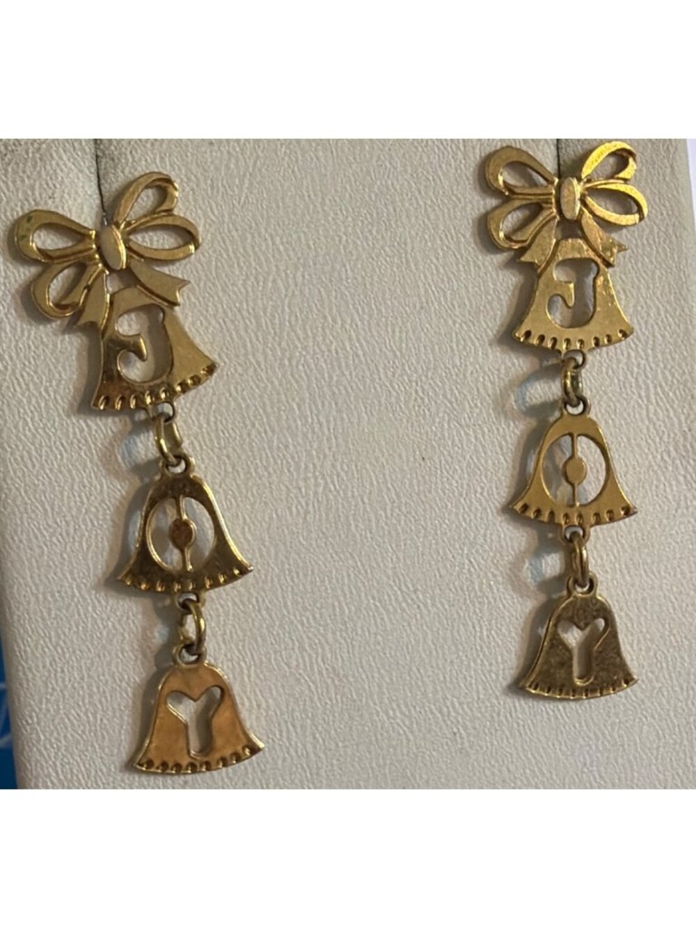 Vintage Gold Tone Dangle Earrings JOY Cutout Bells Bow Christmas Holiday Estate